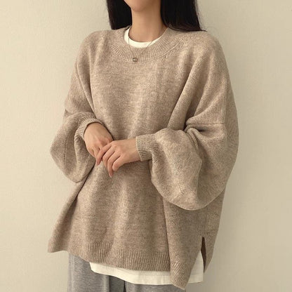 Temperament Crew Neck Pullover Lantern Sleeve Loose Sweater For Women