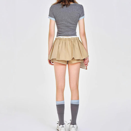 Wear Khaki Low Waist Drawstring Lace Puff Short Skirt