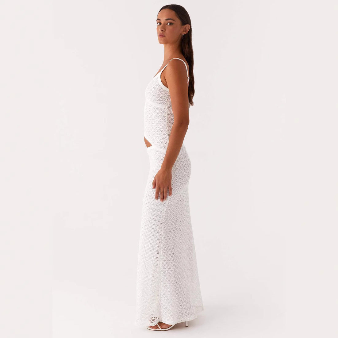 Fashionable, Elegant And Sexy Sling Solid Color Hollow Mesh Dress