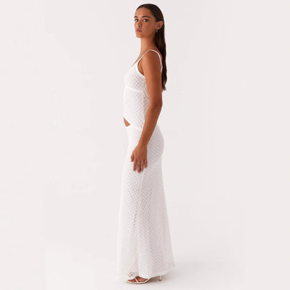 Fashionable, Elegant And Sexy Sling Solid Color Hollow Mesh Dress