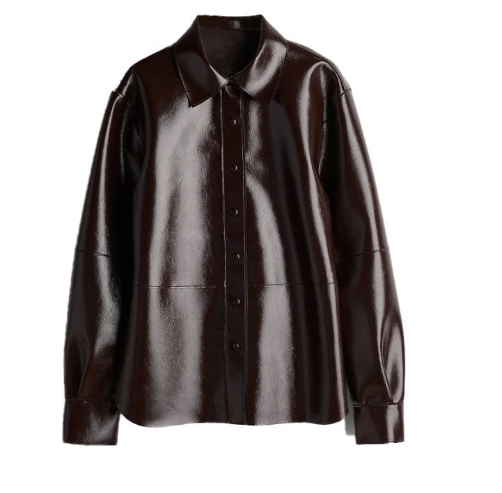 Women's Lapel Button PU Coat Mini Skirt Two-piece Set