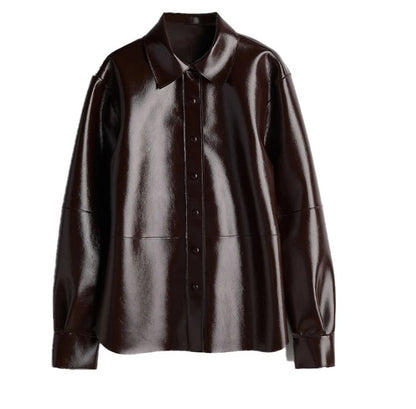 Women's Lapel Button PU Coat Mini Skirt Two-piece Set
