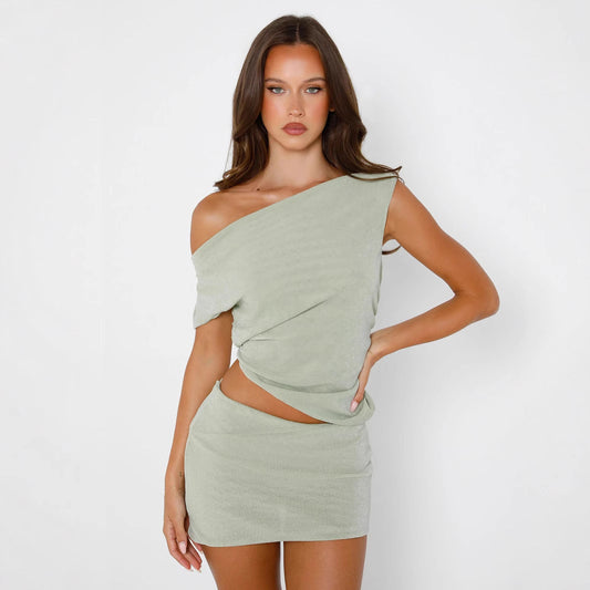 Adult Lady Like Woman Diagonal Collar T-shirt Skirt Suit