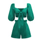 Women's Lantern Mid Sleeve Cardigan Wide Leg Pocket Shorts Casual Suit