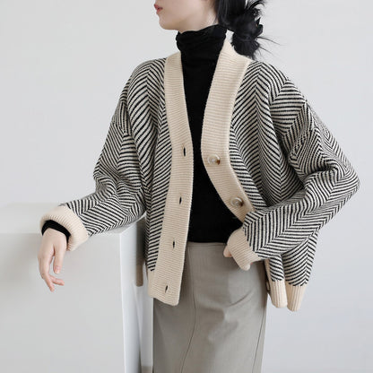 V-neck Retro Knitted Cardigan Women's Loose Jacket Thick Thick Line Outer Wear Sweater