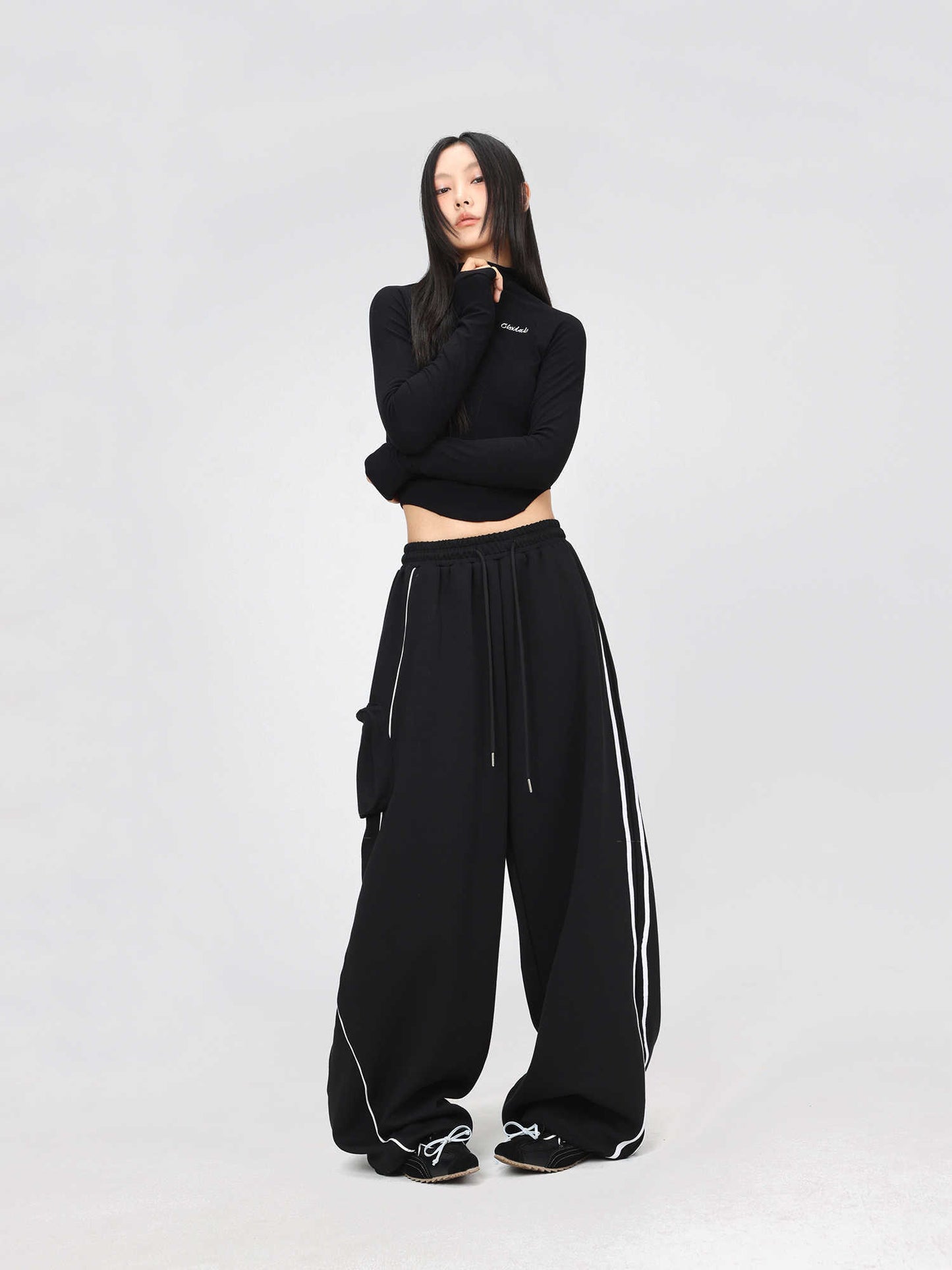 Black Asymmetric Stitching Sports Pants Long-sleeved Top