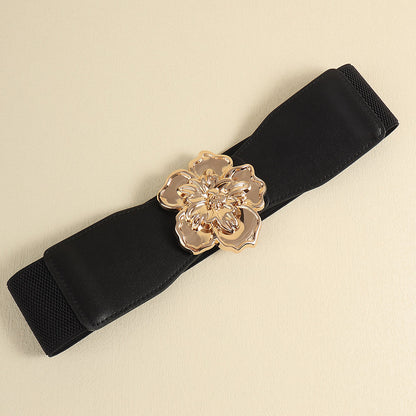 Elegant Women's Stretch Elastic Belt Metal Large Flower Needle Buckle Decorated Dress Shirt Waist Belt