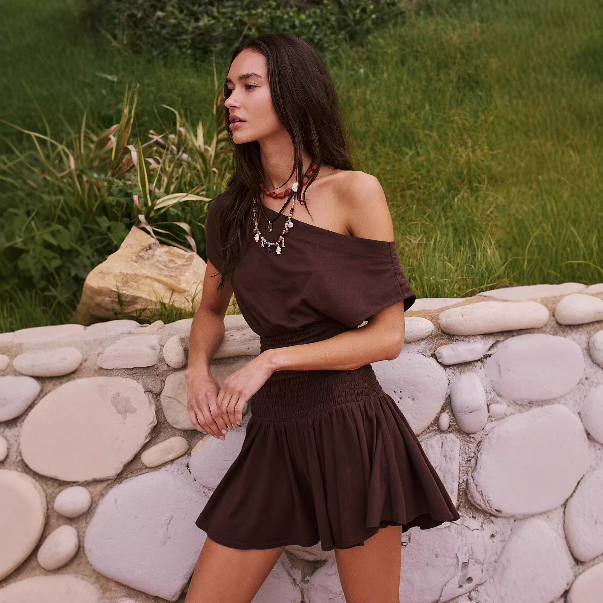 Spring And Summer New Elegant Solid Color Waist Tight Slim Fit Dress