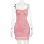 Woman Square-neck Lace Stitching Printing Long Sleeve Dress