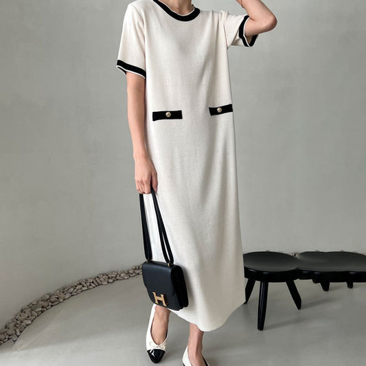 Elegant Round Neck Contrasting Color Design Ladies Dress