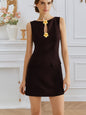 Rose Front Buckle Elegance Sleeveless Round Neck Waist Trimming Elegant Dress