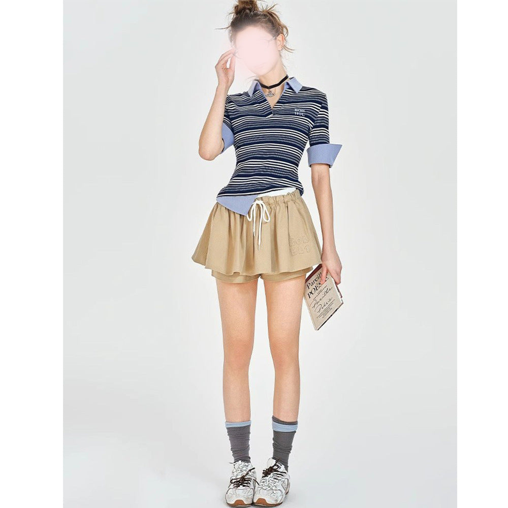 Wear Khaki Low Waist Drawstring Lace Puff Short Skirt