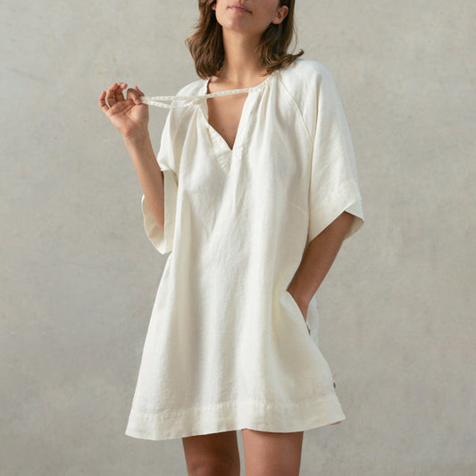 Women's Fashionable Elegant Cotton And Linen V-neck Lace-up Dress