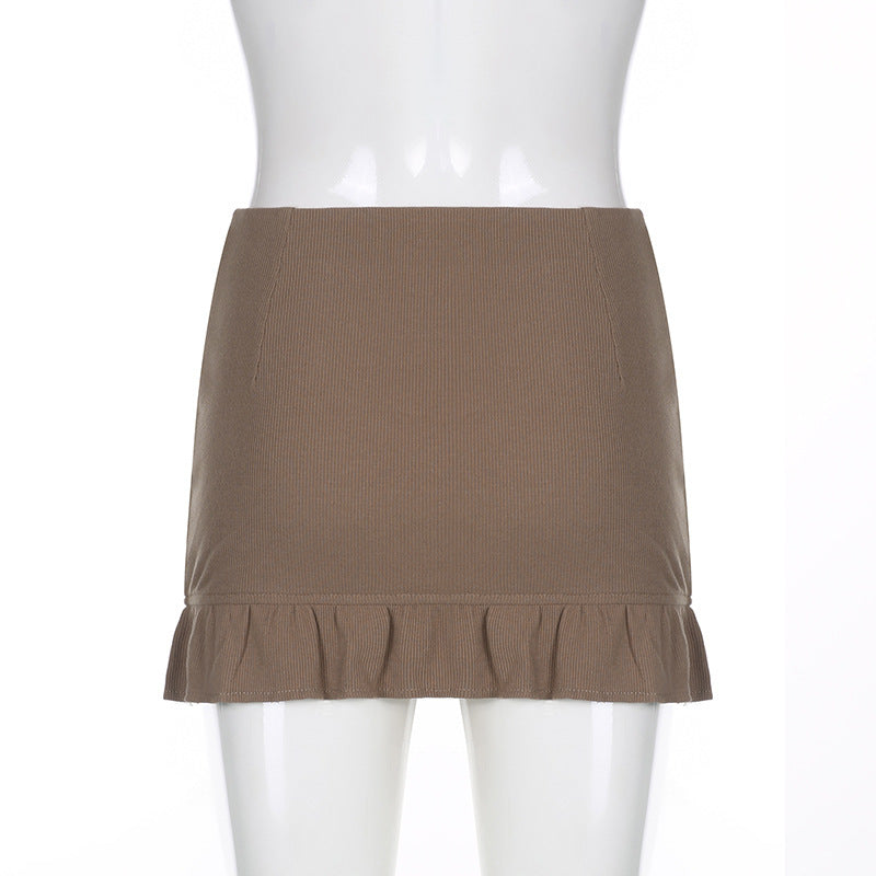 Women's Skinny Panel Lace-Up Brown Ruffle Pack Hip Skirt