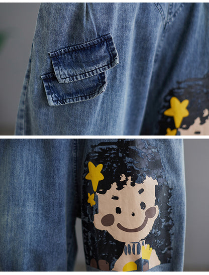 Retro Plus Size Cartoon Age Reduction Girl Print Denim