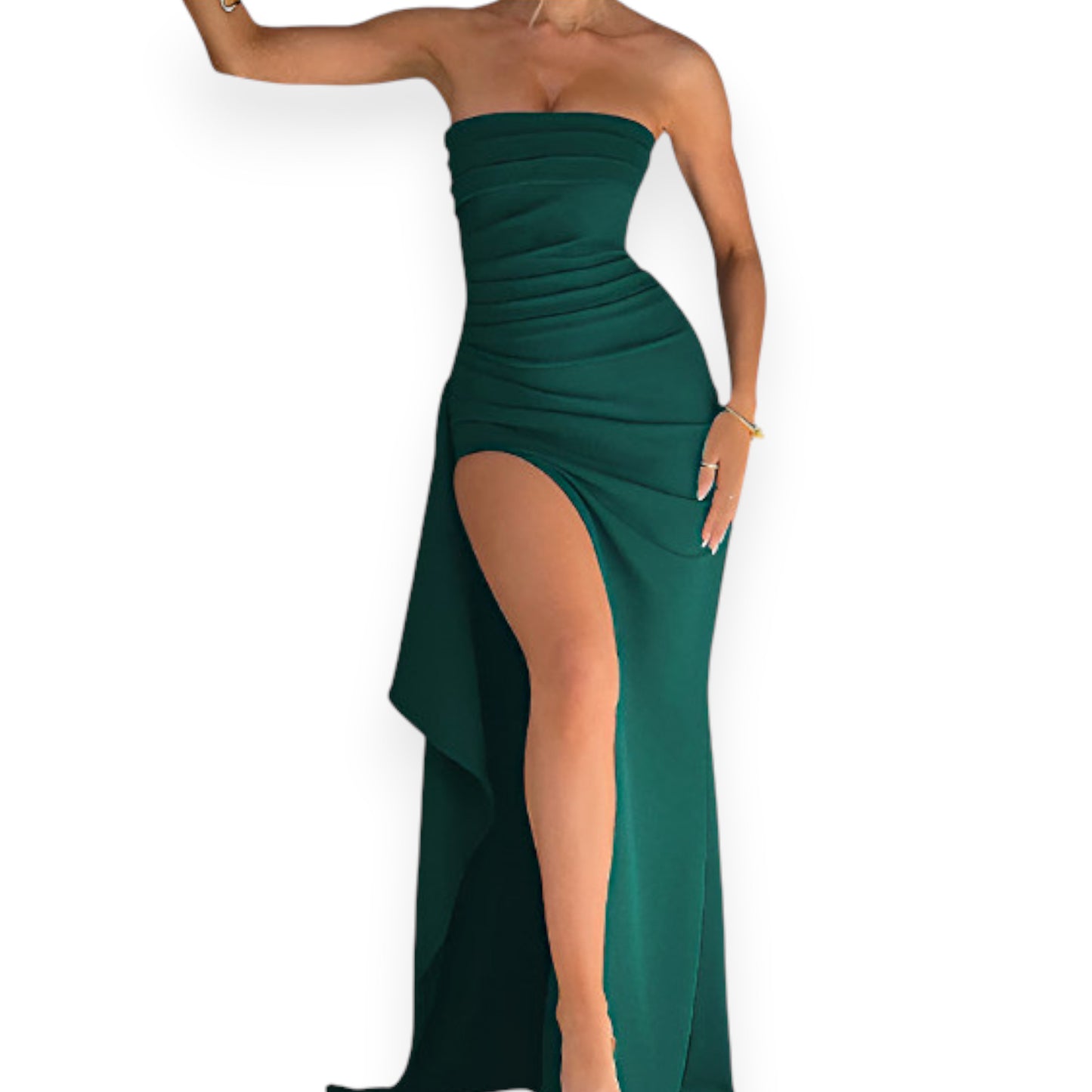 Women's Strapless Backless Maxi Dress - Sexy Bodycon Ruched Off Shoulder Evening Gown with High Slit for Party & Cocktail