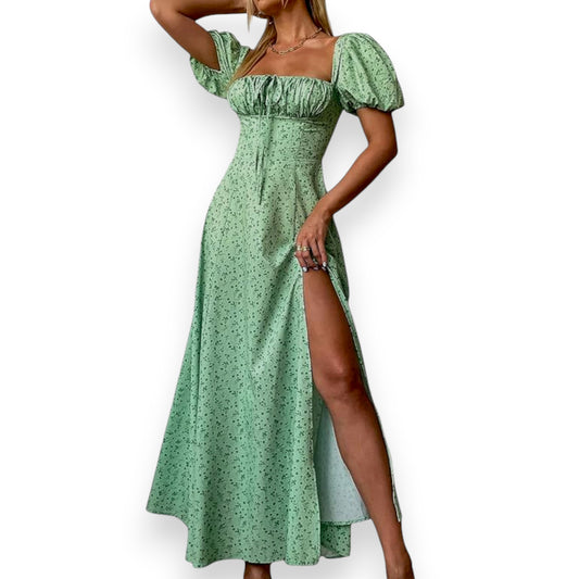 Women's Floral Puff Sleeve Maxi Dress – Summer Casual Long Dress with Side Split