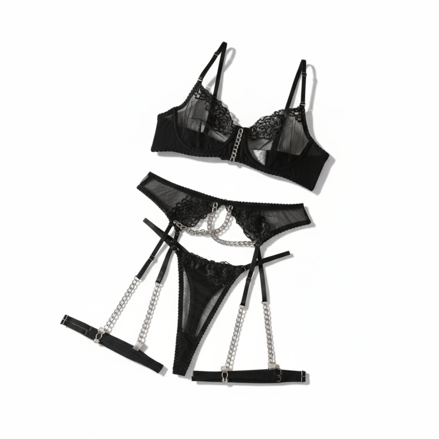Metal Chain Embroidered 4-Piece Lingerie Set – Sexy European Style See-Through Design