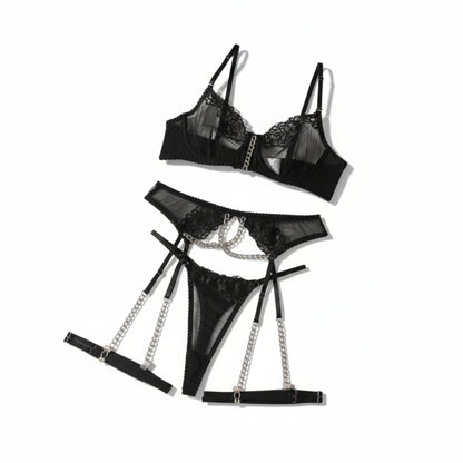 Metal Chain Embroidered 4-Piece Lingerie Set – Sexy European Style See-Through Design