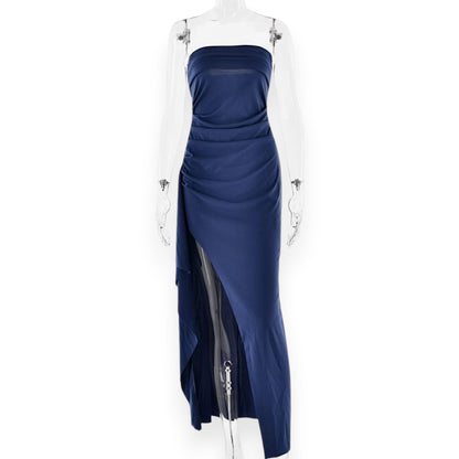 Women's Strapless Backless Maxi Dress - Sexy Bodycon Ruched Off Shoulder Evening Gown with High Slit for Party & Cocktail