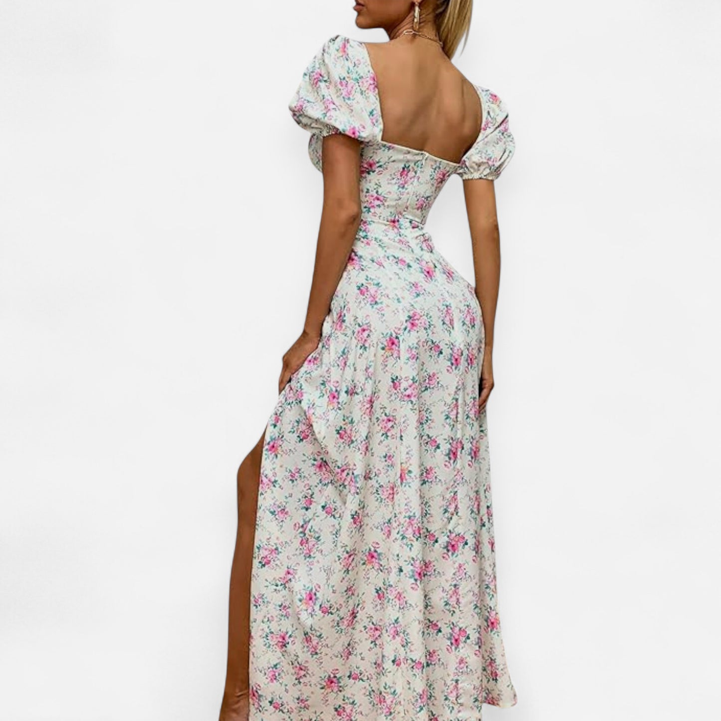 Women’s Floral Puff Sleeve Maxi Dress – Summer Casual Long Dress with Side Split