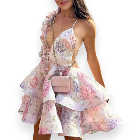 Women's Floral Halter Backless Summer Dress – Fashion Pleated Puffy Dress
