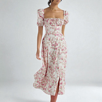 Women’s Floral Puff Sleeve Maxi Dress – Summer Casual Long Dress with Side Split