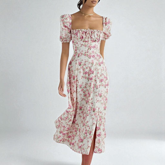 Women’s Floral Puff Sleeve Maxi Dress – Summer Casual Long Dress with Side Split