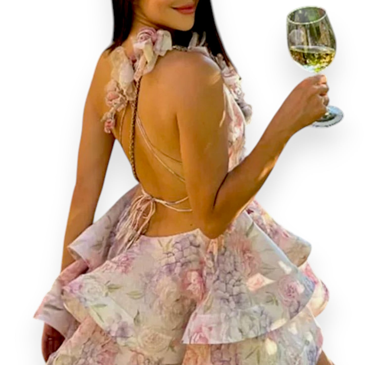 Women's Floral Halter Backless Summer Dress – Fashion Pleated Puffy Dress