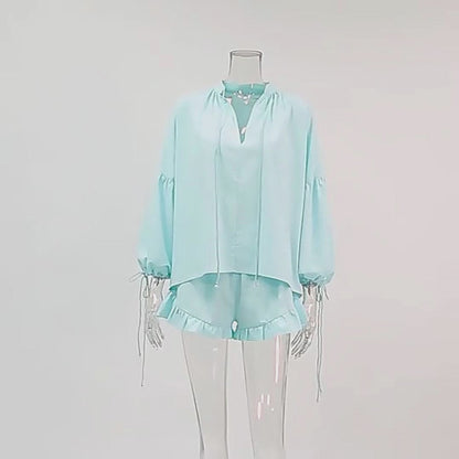 Lace-up Suits Loose V-neck Lantern Sleeve Top And Ruffles Shorts Solid Two-piece Set Womens Clothing