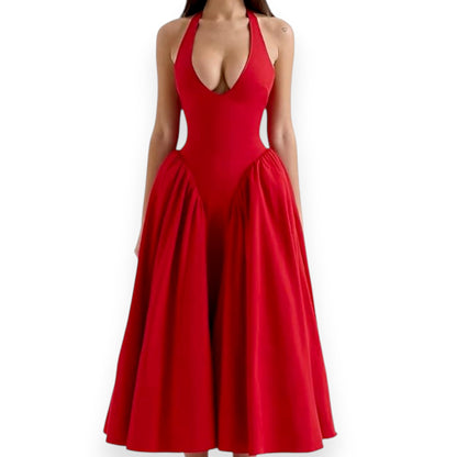 Women’s Fashion Long Summer Dress – Deep V Neck, Spliced Halter, Open Back Evening & Beach Dress