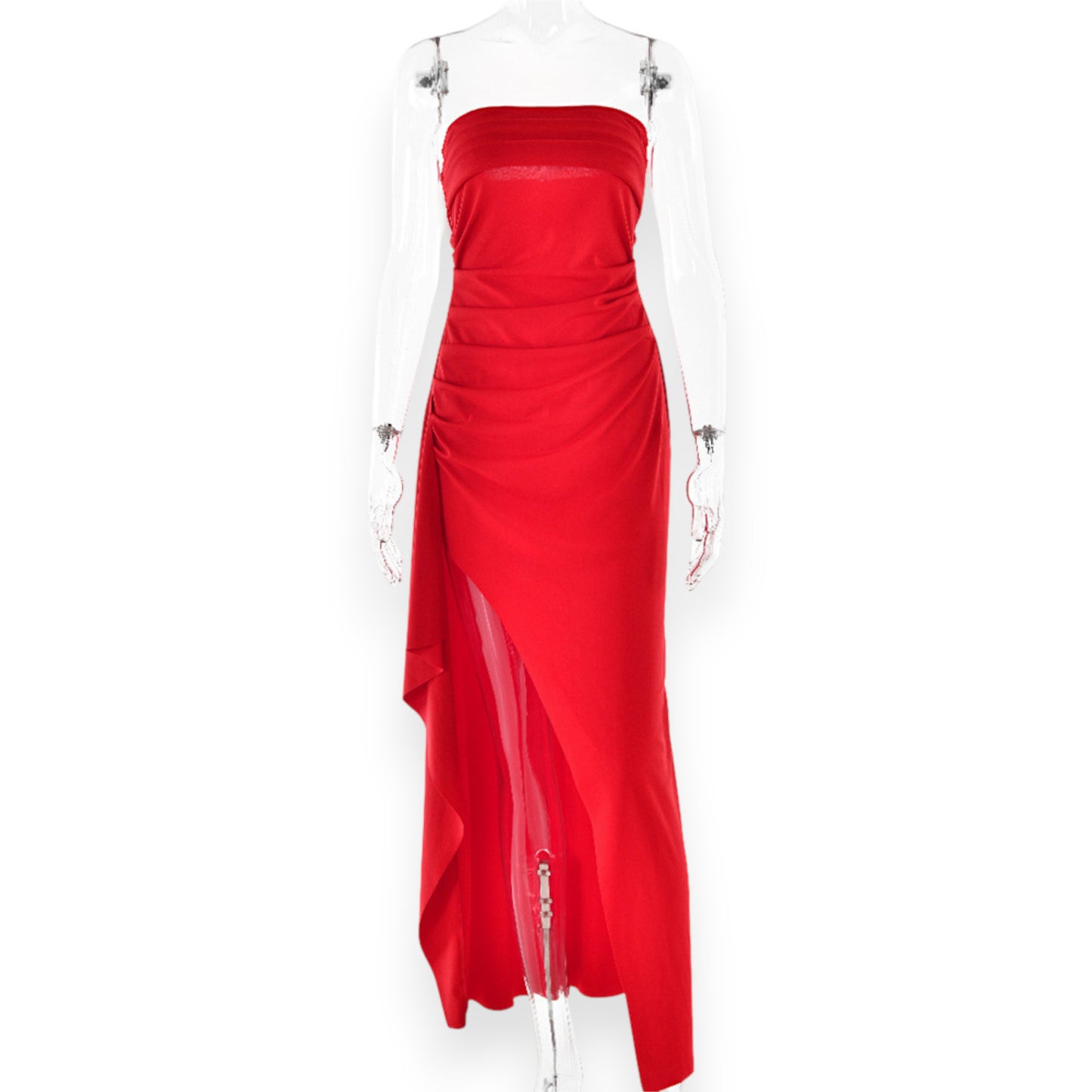 Women's Strapless Backless Maxi Dress - Sexy Bodycon Ruched Off Shoulder Evening Gown with High Slit for Party & Cocktail