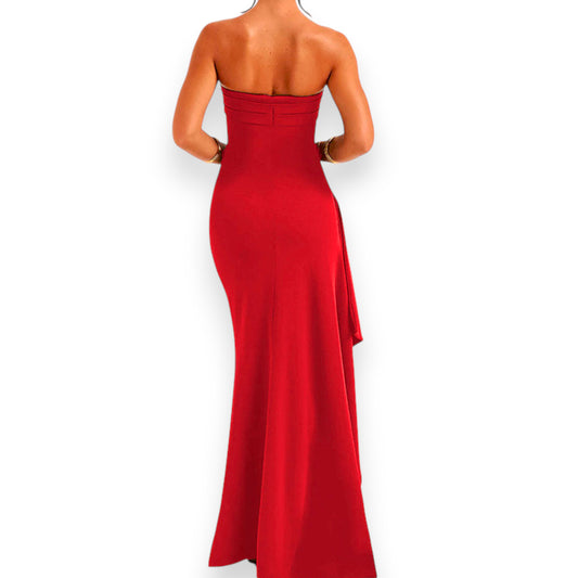 Women's Strapless Backless Maxi Dress - Sexy Bodycon Ruched Off Shoulder Evening Gown with High Slit for Party & Cocktail