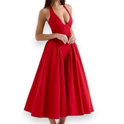 Women’s Fashion Long Summer Dress – Deep V Neck, Spliced Halter, Open Back Evening & Beach Dress