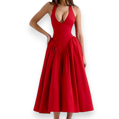 Women’s Fashion Long Summer Dress – Deep V Neck, Spliced Halter, Open Back Evening & Beach Dress