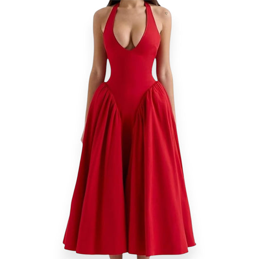 Women's Fashion Long Summer Dress – Deep V Neck, Spliced Halter, Open Back