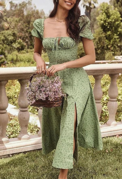 Women’s Floral Puff Sleeve Maxi Dress – Summer Casual Long Dress with Side Split