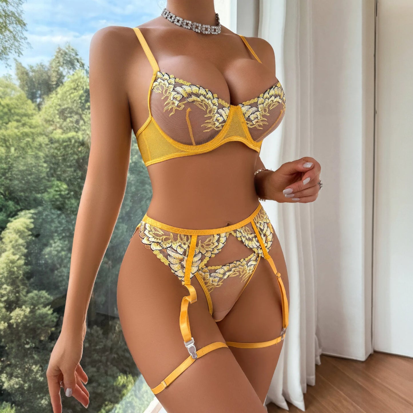 Embroidered See-Through Lingerie Set – 3-Piece Push-Up Bra, Garter Belt & Thong