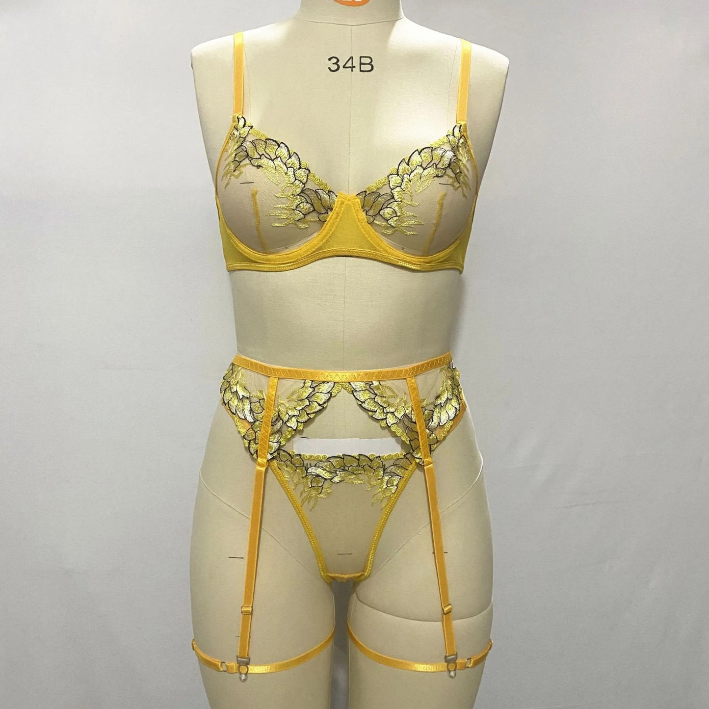 Embroidered See-Through Lingerie Set – 3-Piece Push-Up Bra, Garter Belt & Thong