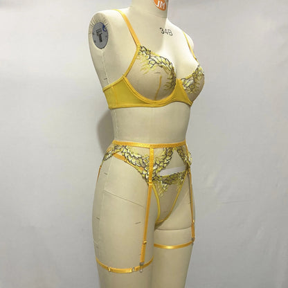 Embroidered See-Through Lingerie Set – 3-Piece Push-Up Bra, Garter Belt & Thong