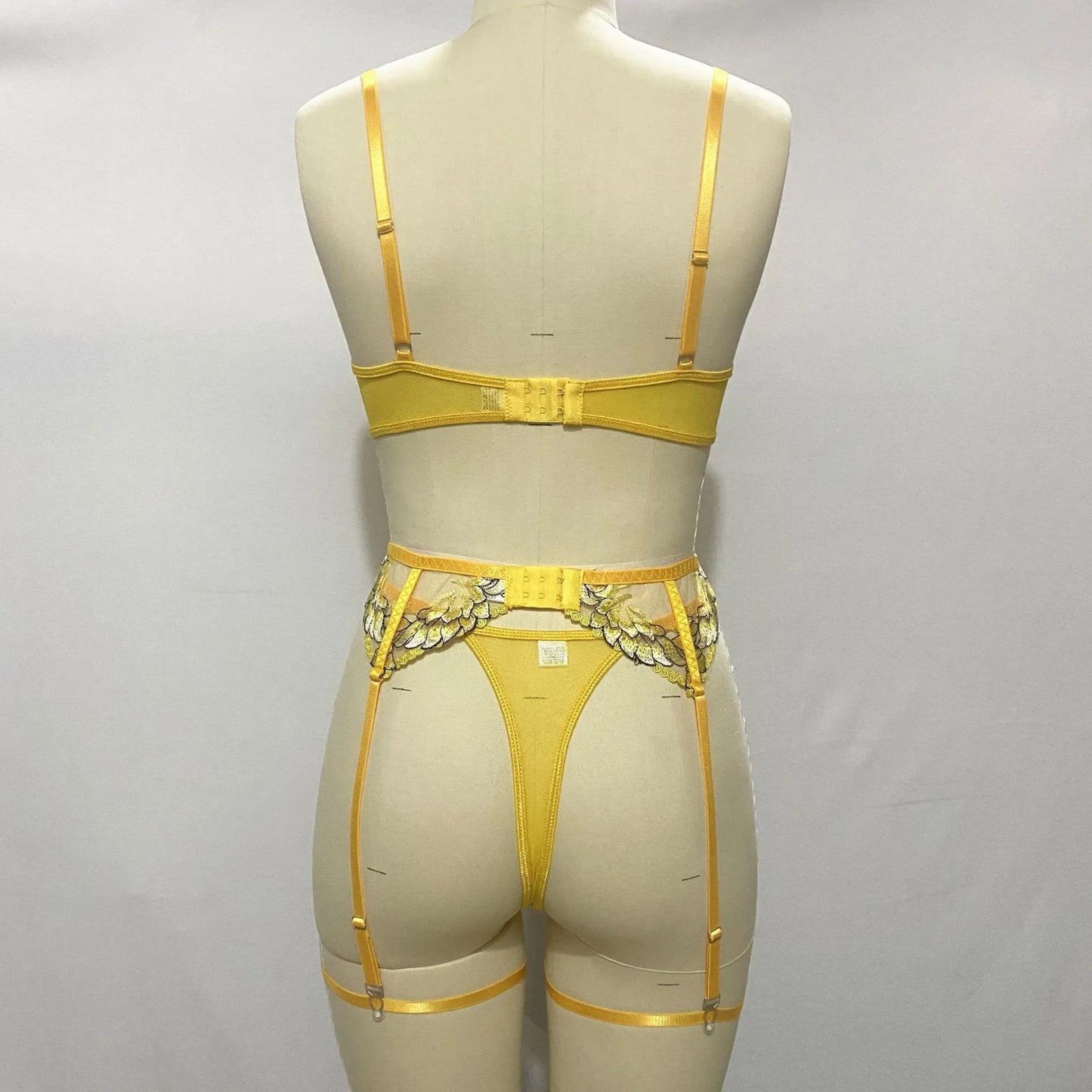 Embroidered See-Through Lingerie Set – 3-Piece Push-Up Bra, Garter Belt & Thong