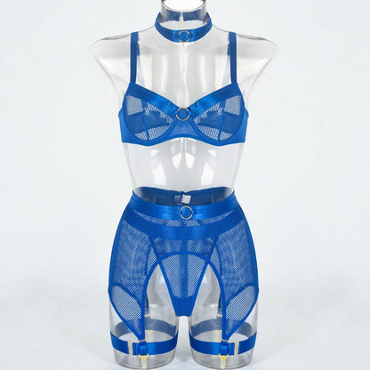 Women’s Mesh Stitching Four-Piece Lingerie Set – Halterneck Bra, Garter Belt & Panties