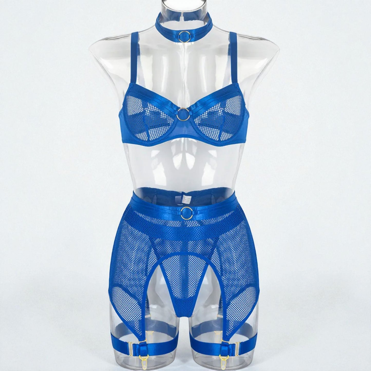 Women’s Mesh Stitching Four-Piece Lingerie Set – Halterneck Bra, Garter Belt & Panties