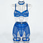 Women’s Mesh Stitching Four-Piece Lingerie Set – Halterneck Bra, Garter Belt & Panties