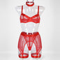 Women’s Mesh Stitching Four-Piece Lingerie Set – Halterneck Bra, Garter Belt & Panties