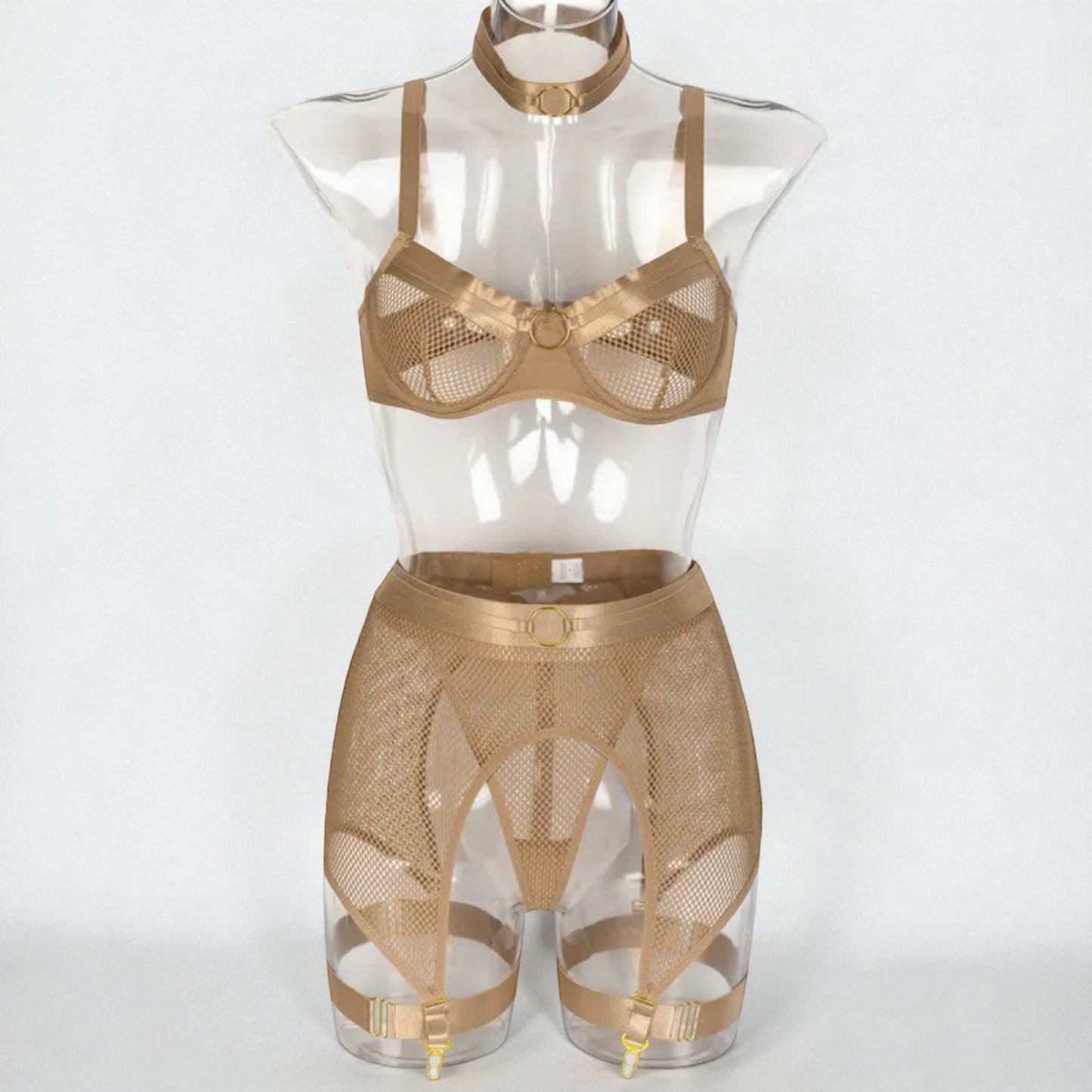 Women’s Mesh Stitching Four-Piece Lingerie Set – Halterneck Bra, Garter Belt & Panties