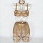 Women’s Mesh Stitching Four-Piece Lingerie Set – Halterneck Bra, Garter Belt & Panties
