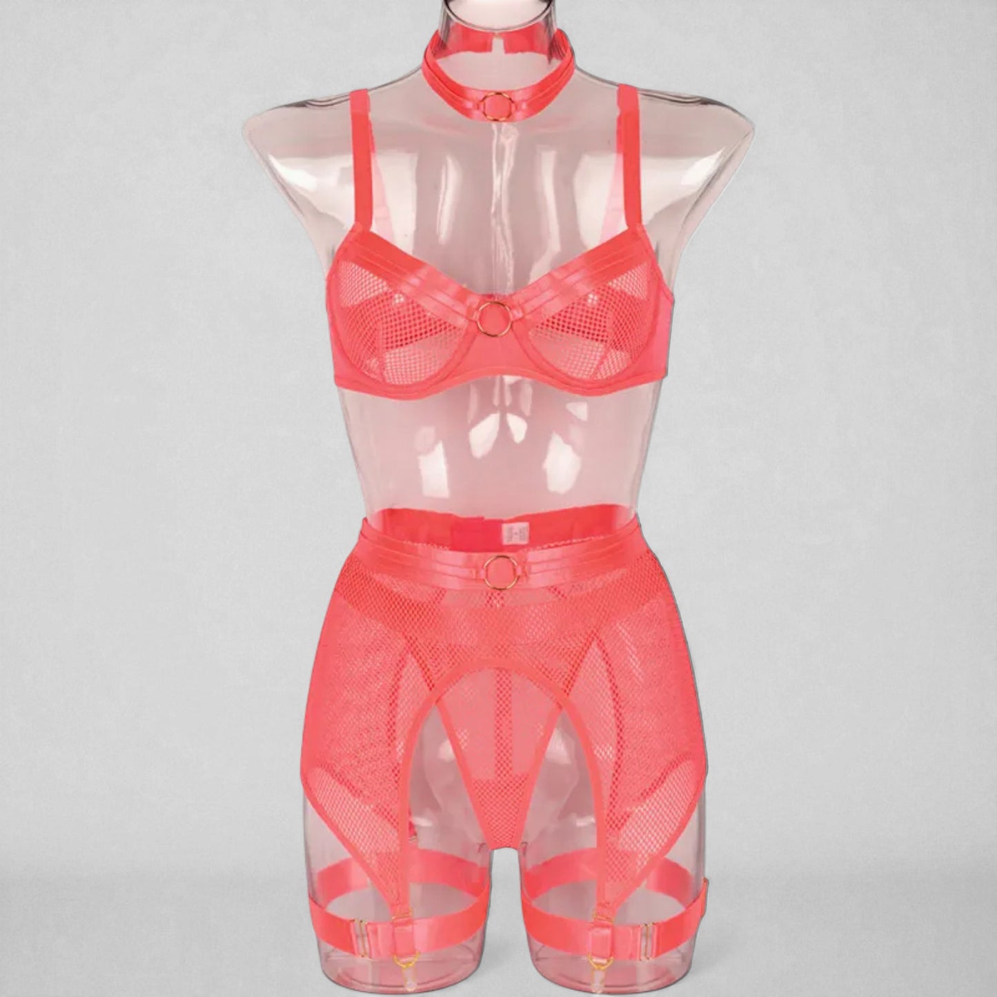 Women’s Mesh Stitching Four-Piece Lingerie Set – Halterneck Bra, Garter Belt & Panties