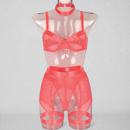 Women’s Mesh Stitching Four-Piece Lingerie Set – Halterneck Bra, Garter Belt & Panties