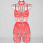 Women’s Mesh Stitching Four-Piece Lingerie Set – Halterneck Bra, Garter Belt & Panties